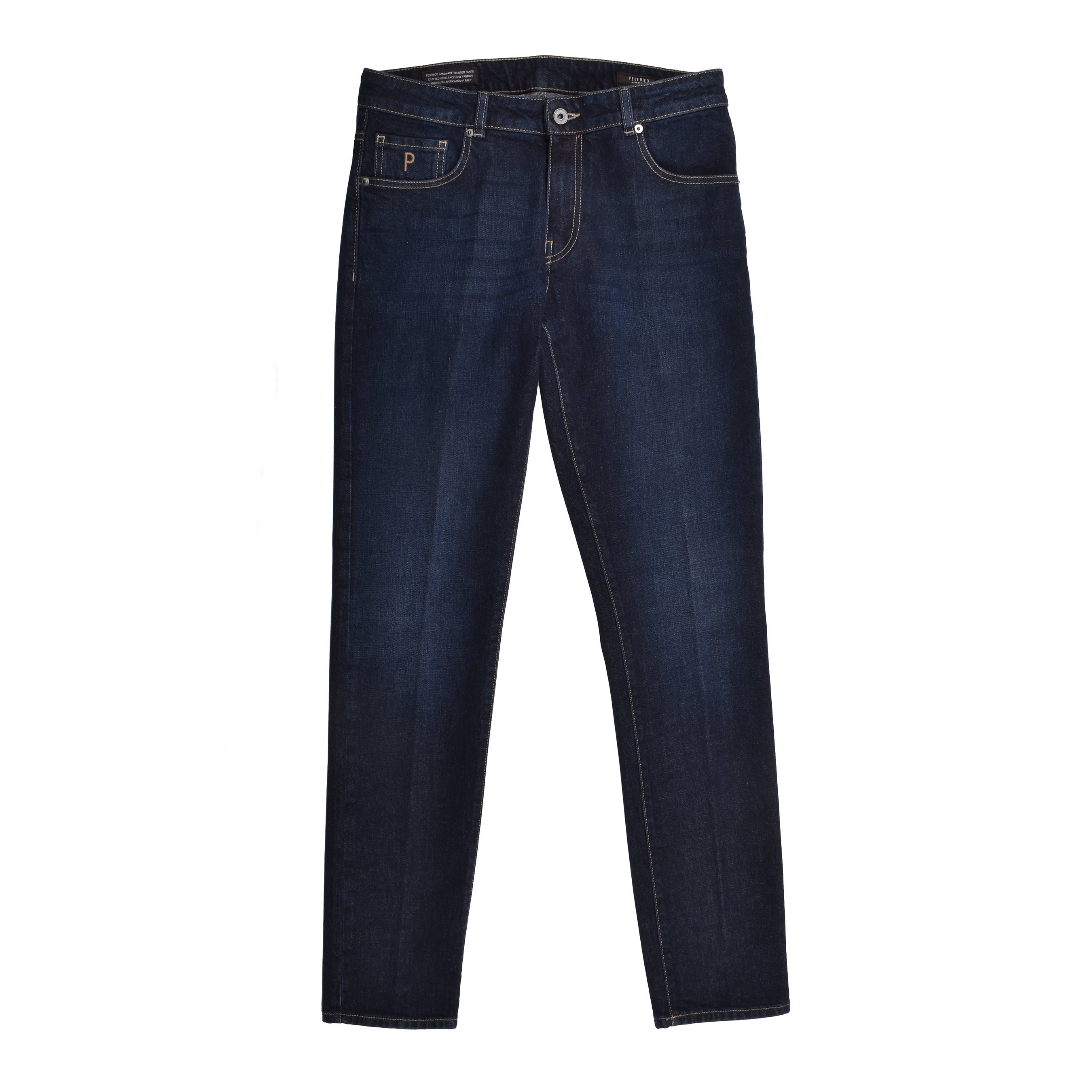 PESERICO MEN'S DARK BLUE COTTON STRAIGHT TROUSERS