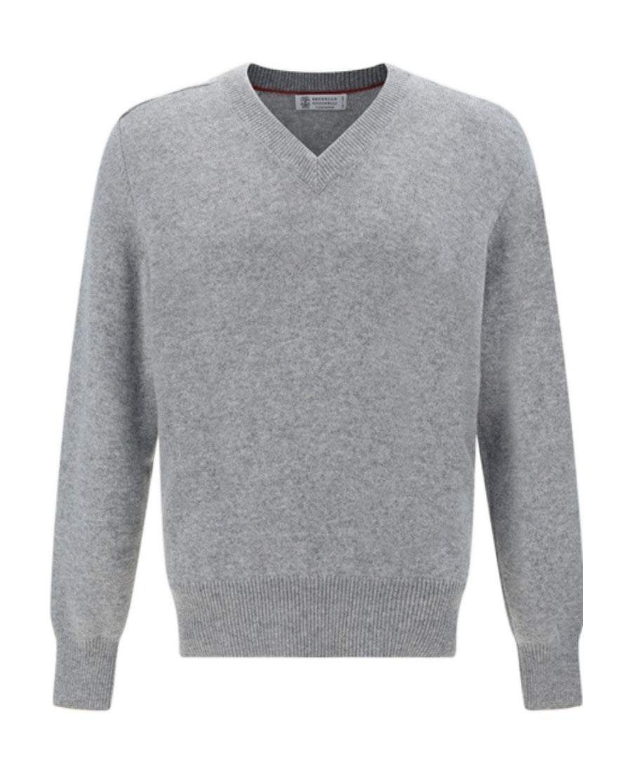 BRUNELLO CUCINELLI MEN'S LIGHT GREY CASHMERE SWEATER