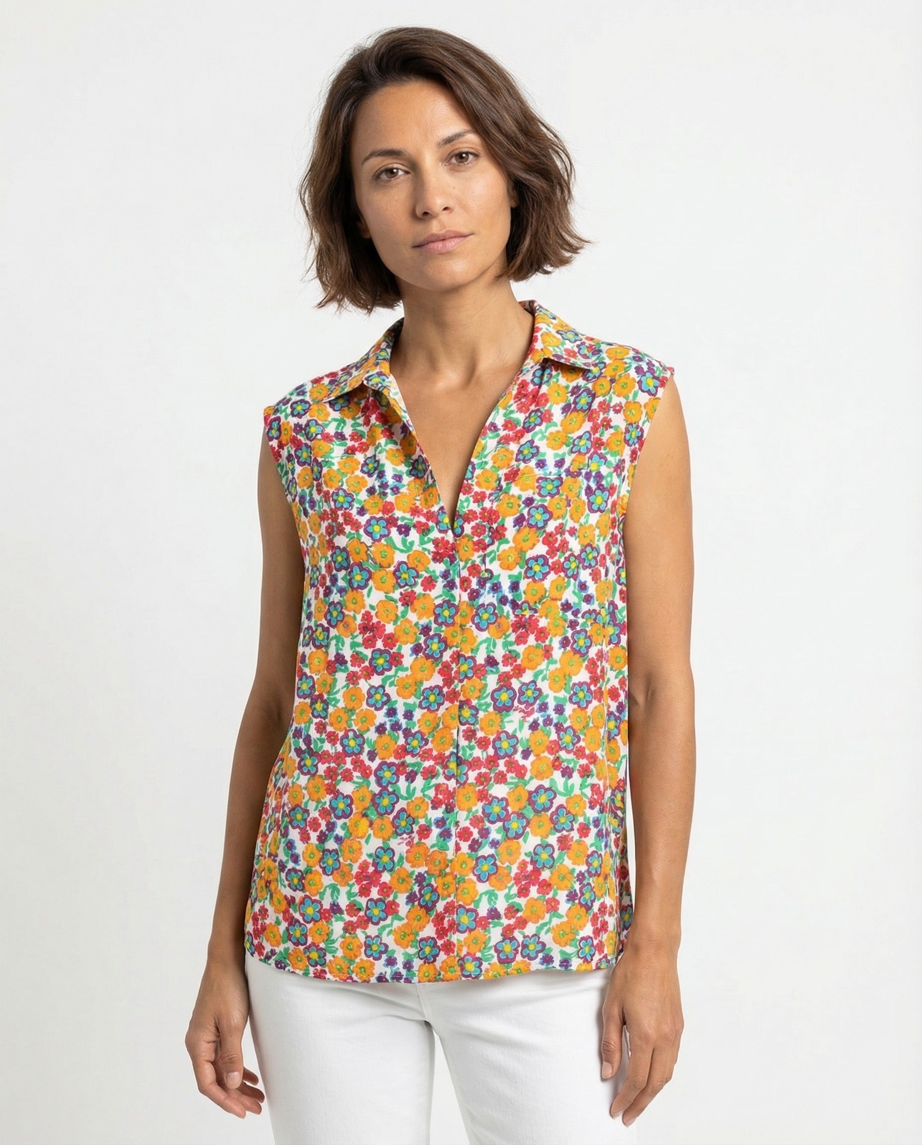 MARNI WOMEN'S MULTICOLOR SLEEVELESS FLORAL SHIRT