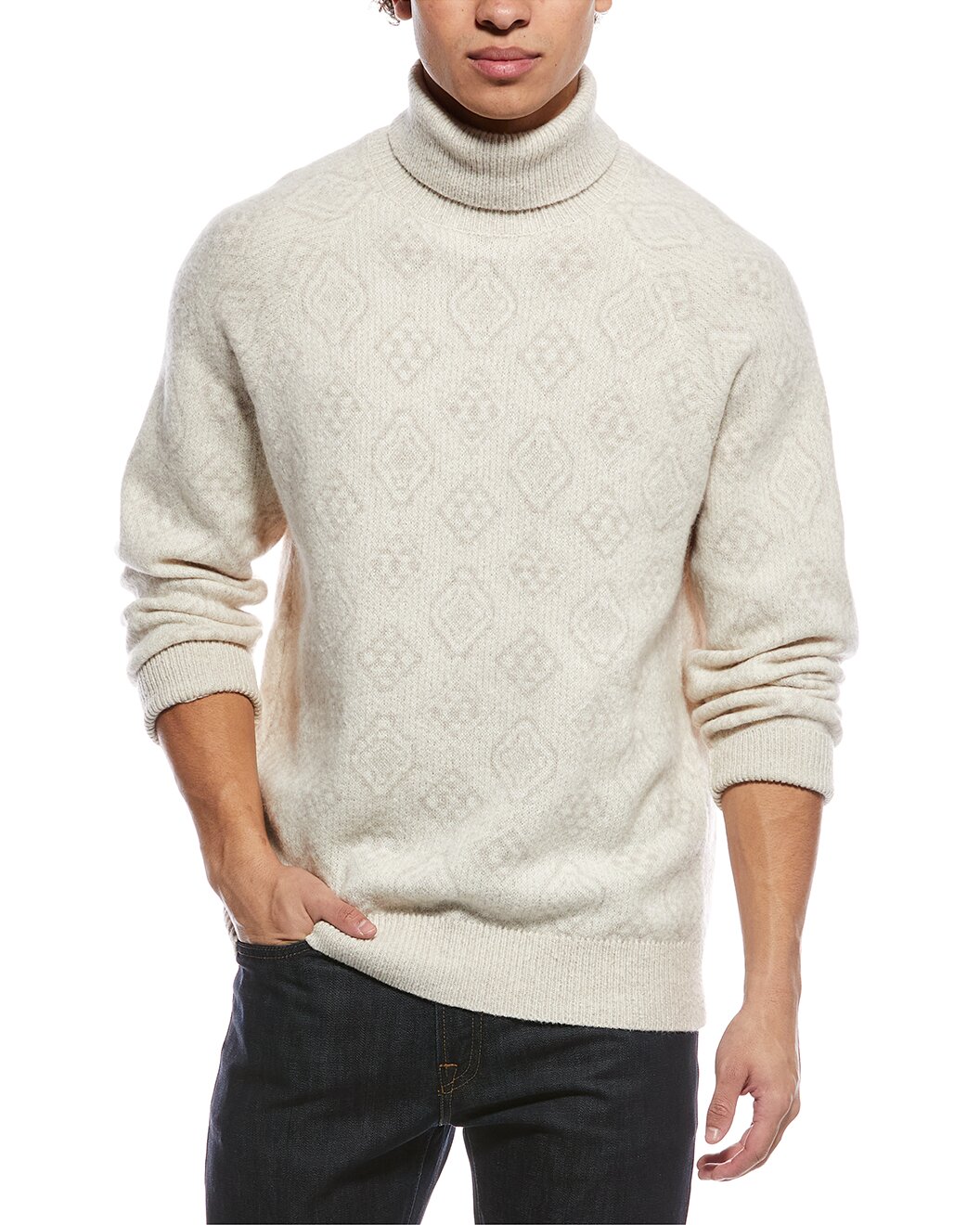 BRUNELLO CUCINELLI MEN'S CREAM WOOL TURTLENECK PATTERNED SWEATER