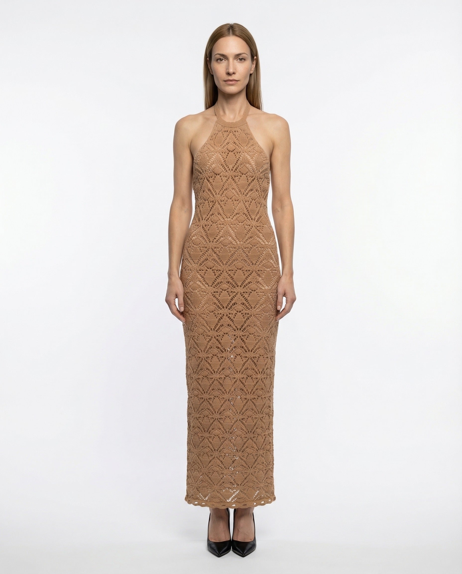 BALMAIN WOMEN'S TAN WOOL CROCHET MAXI DRESS
