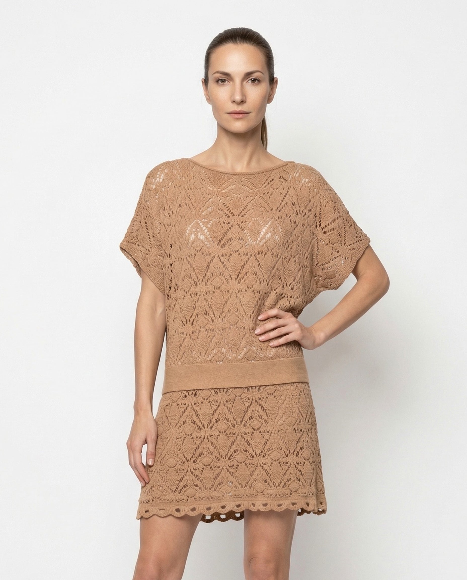 BALMAIN WOMEN'S BROWN WOOL CROCHET DRESS