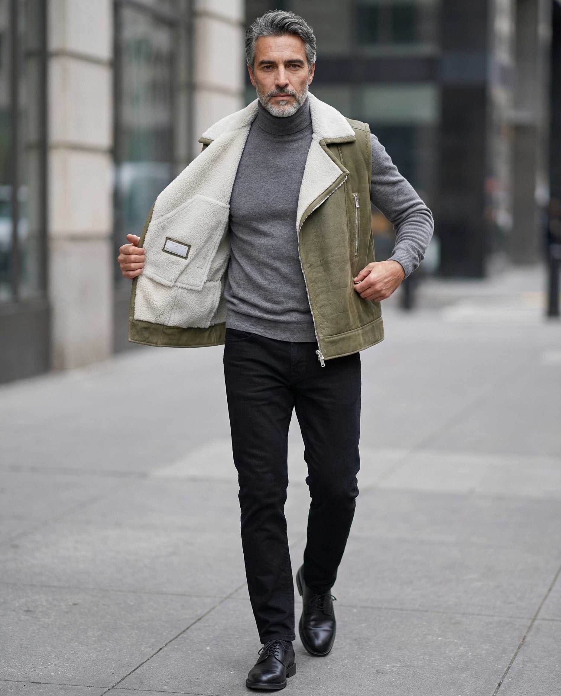 BRUNELLO CUCINELLI MEN'S OLIVE SHEARLING BIKER VEST