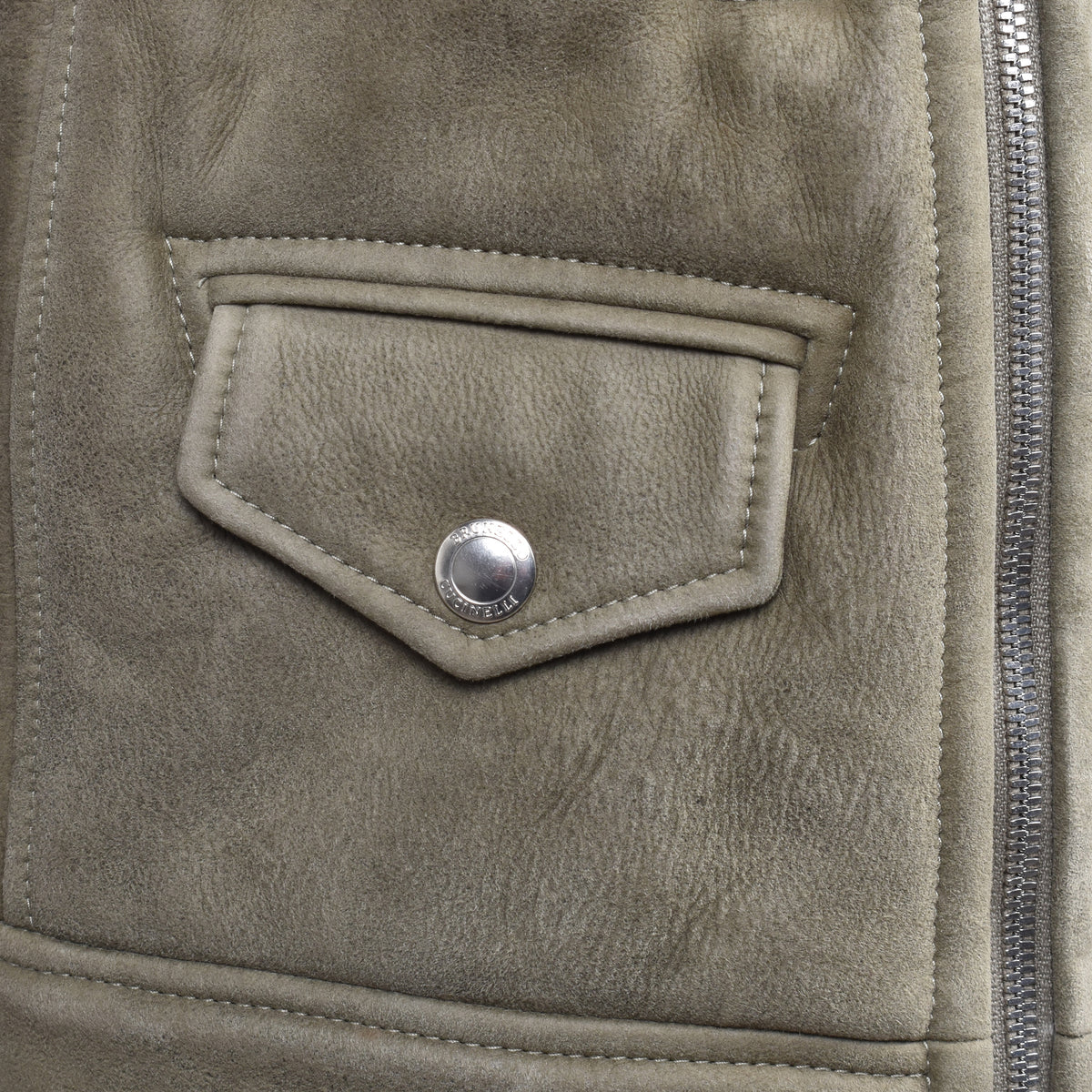 BRUNELLO CUCINELLI MEN'S OLIVE SHEARLING BIKER VEST