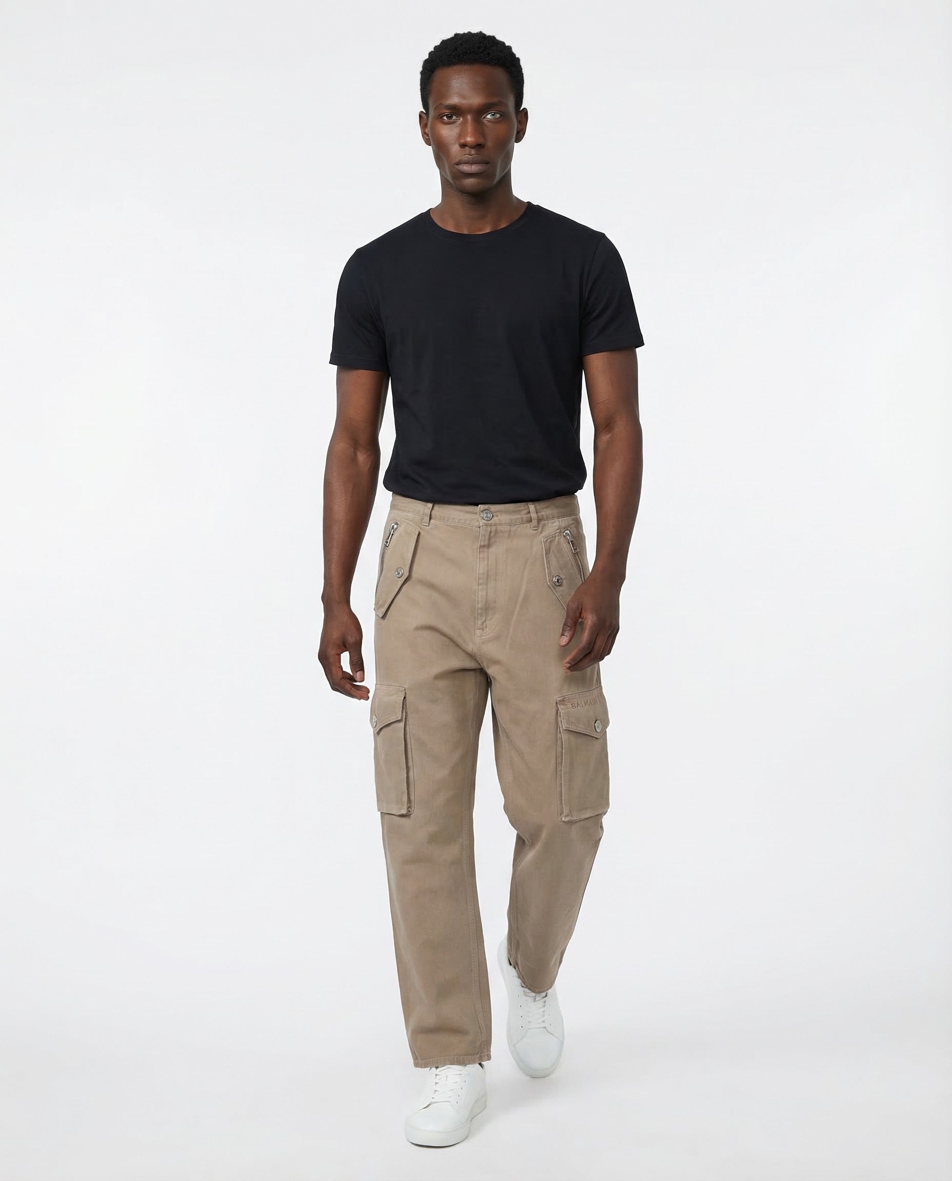 BALMAIN MEN'S BEIGE LOOSE COTTON CARGO TROUSERS