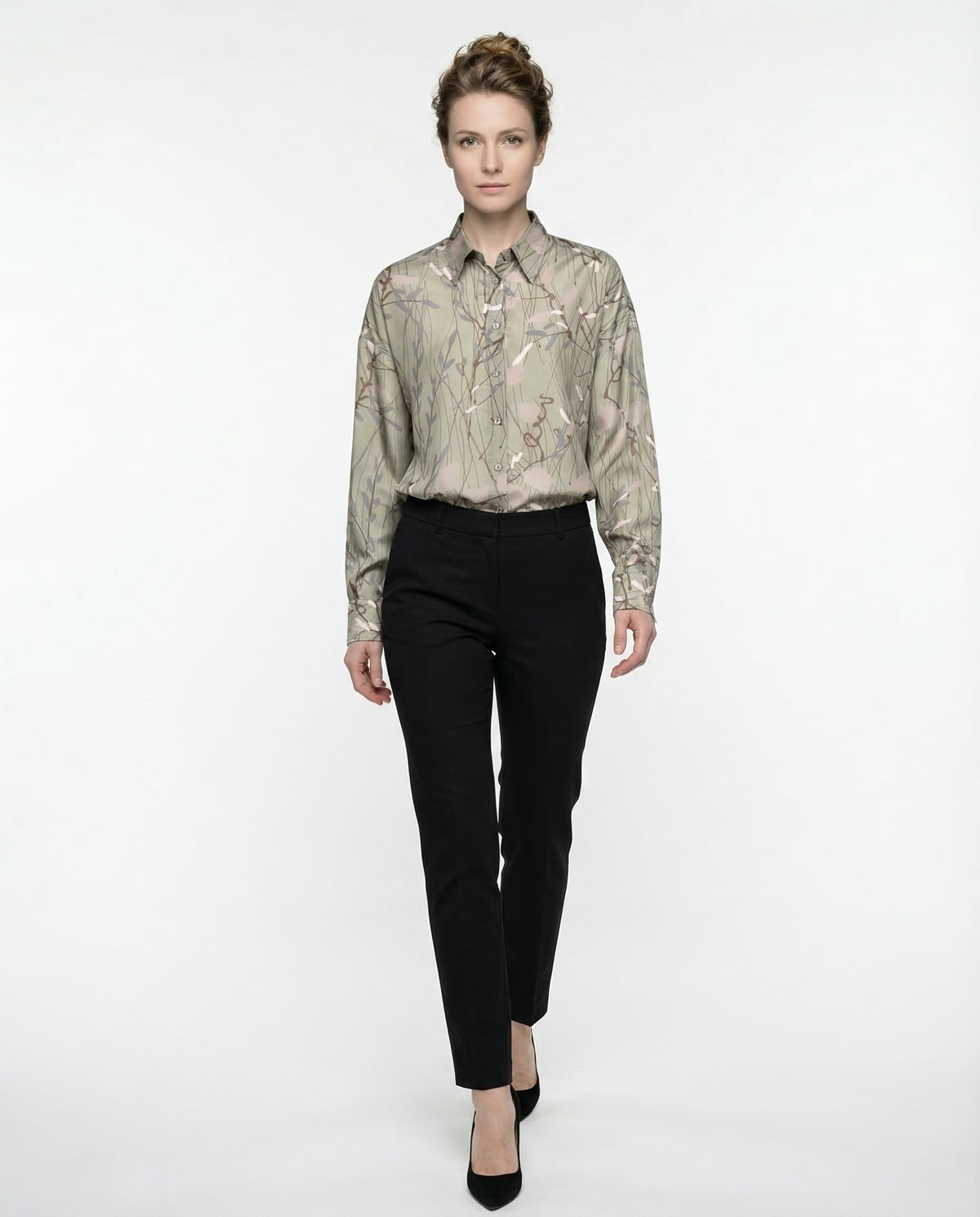 BRUNELLO CUCINELLI WOMEN'S GREEN SILK FLORAL SHIRT