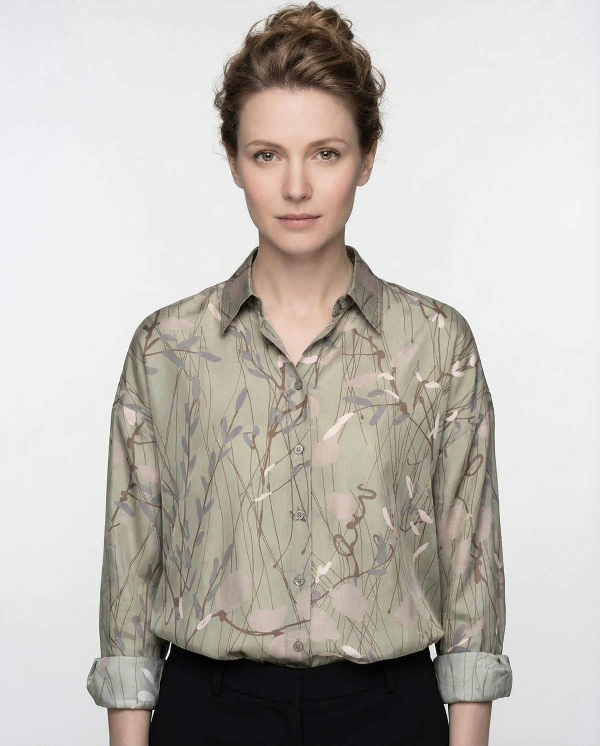 BRUNELLO CUCINELLI WOMEN'S GREEN SILK FLORAL SHIRT