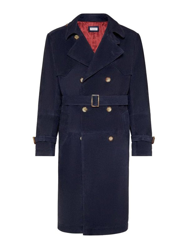 BRUNELLO CUCINELLI MEN'S NAVY LEATHER DOUBLE-BREASTED TRENCH COAT