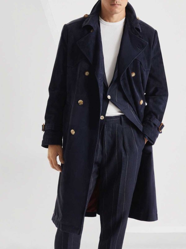 BRUNELLO CUCINELLI MEN'S NAVY LEATHER DOUBLE-BREASTED TRENCH COAT