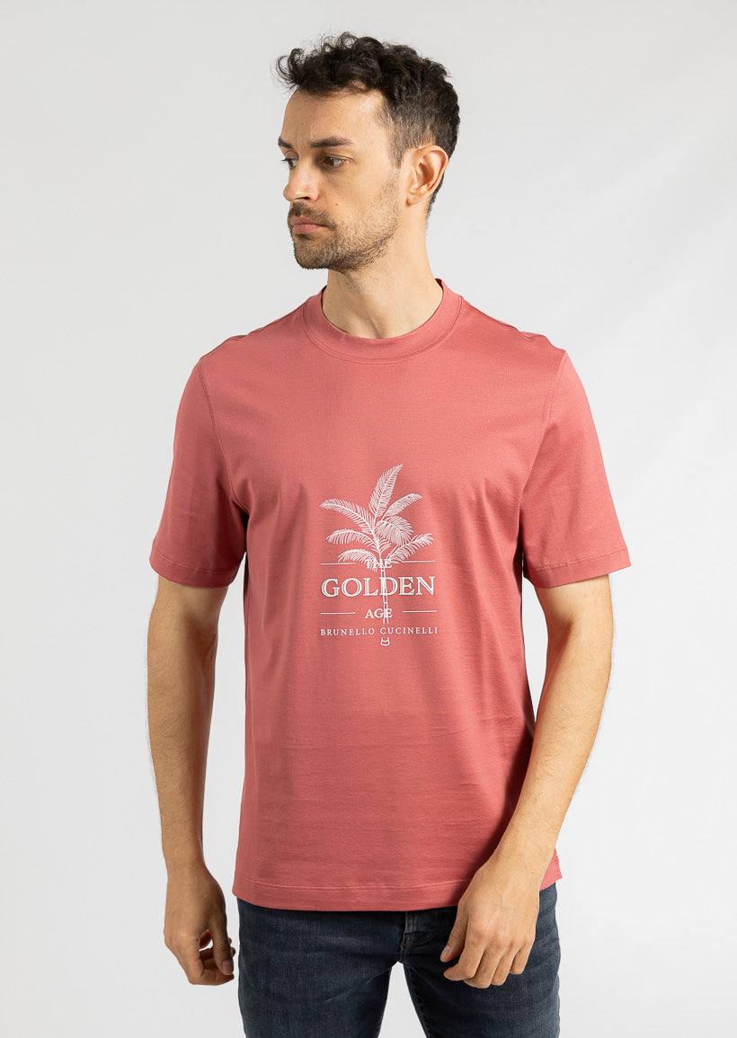 BRUNELLO CUCINELLI MEN'S RASPBERRY COTTON GRAPHIC T-SHIRT