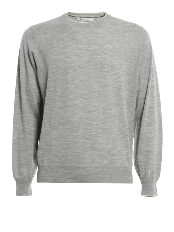 BRUNELLO CUCINELLI MEN'S LIGHT GREY WOOL CASHMERE SWEATER
