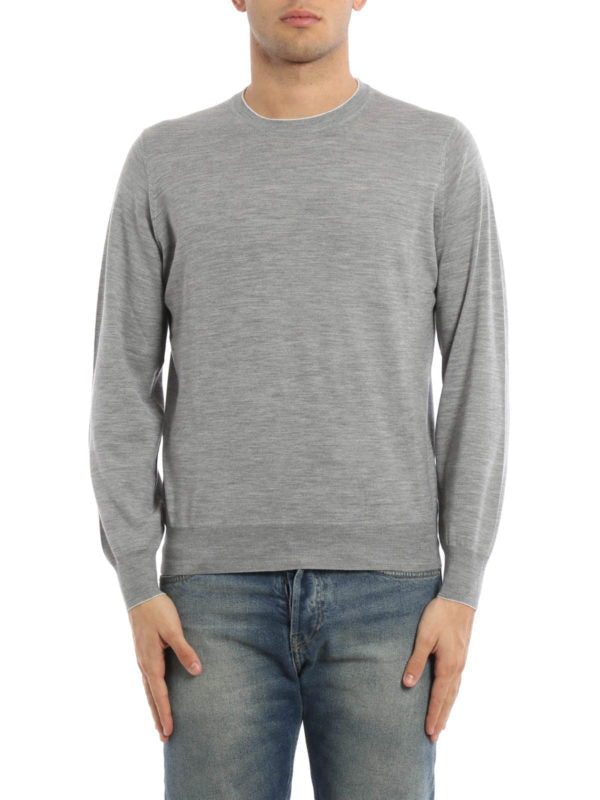BRUNELLO CUCINELLI MEN'S LIGHT GREY WOOL CASHMERE SWEATER