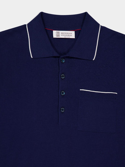 BRUNELLO CUCINELLI MEN'S NAVY KNIT POLO SWEATER