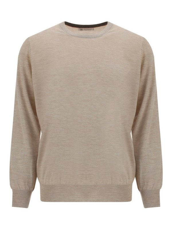 BRUNELLO CUCINELLI MEN'S BEIGE CASHMERE SILK SWEATER
