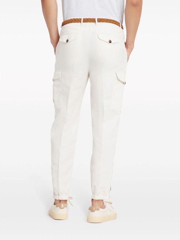 BRUNELLO CUCINELLI MEN'S OFF WHITE LINEN BLEND CARGO TROUSERS