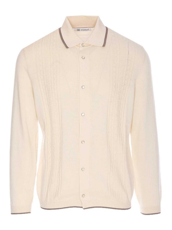 BRUNELLO CUCINELLI MEN'S ENGLISH WHITE BUTTON-UP KNIT SWEATER