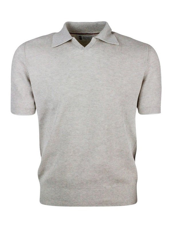 BRUNELLO CUCINELLI MEN'S OAT RIBBED KNIT POLO SWEATER