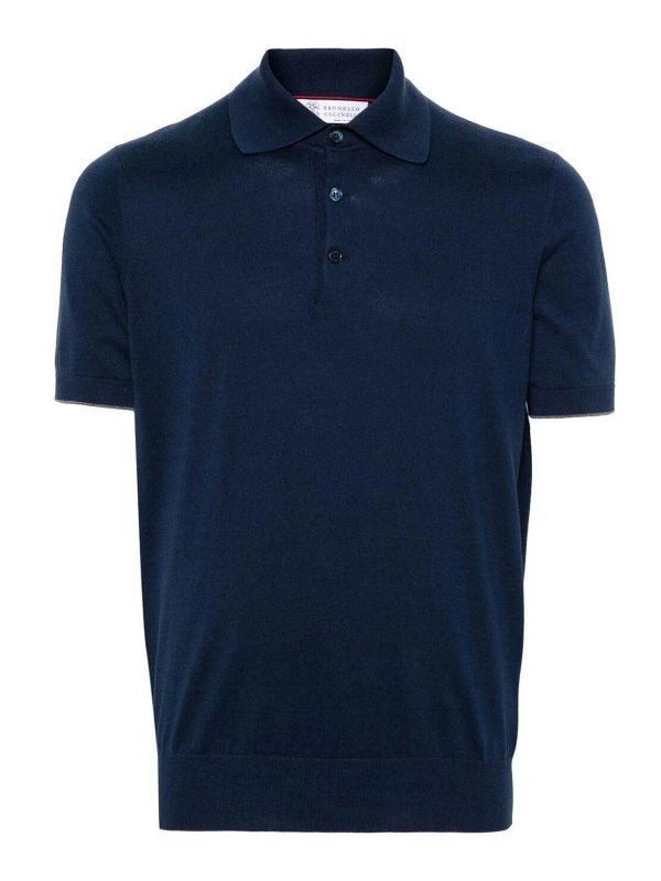 BRUNELLO CUCINELLI MEN'S PRUSSIAN BLUE KNIT POLO SWEATER