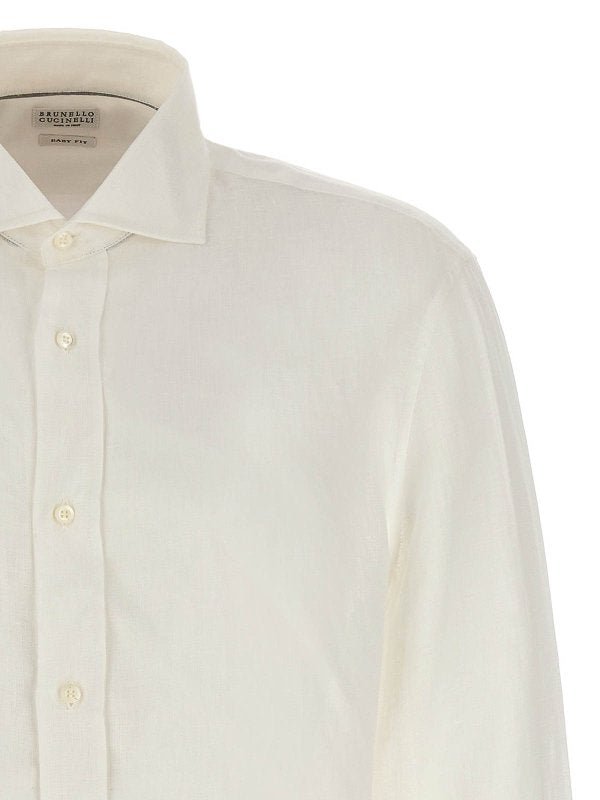 BRUNELLO CUCINELLI MEN'S NATURAL WHITE LINEN BUTTON-UP SHIRT