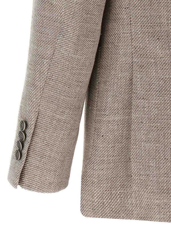 BRUNELLO CUCINELLI MEN'S TAUPE LINEN BLEND DOUBLE-BREASTED BLAZER