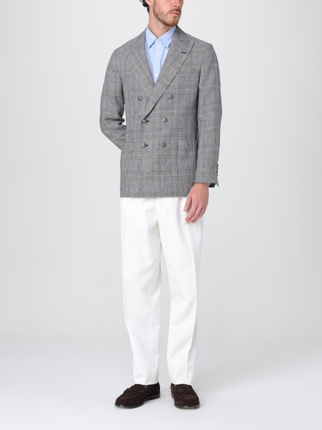 BRUNELLO CUCINELLI MEN'S GRAY PLAID DOUBLE BREASTED BLAZER