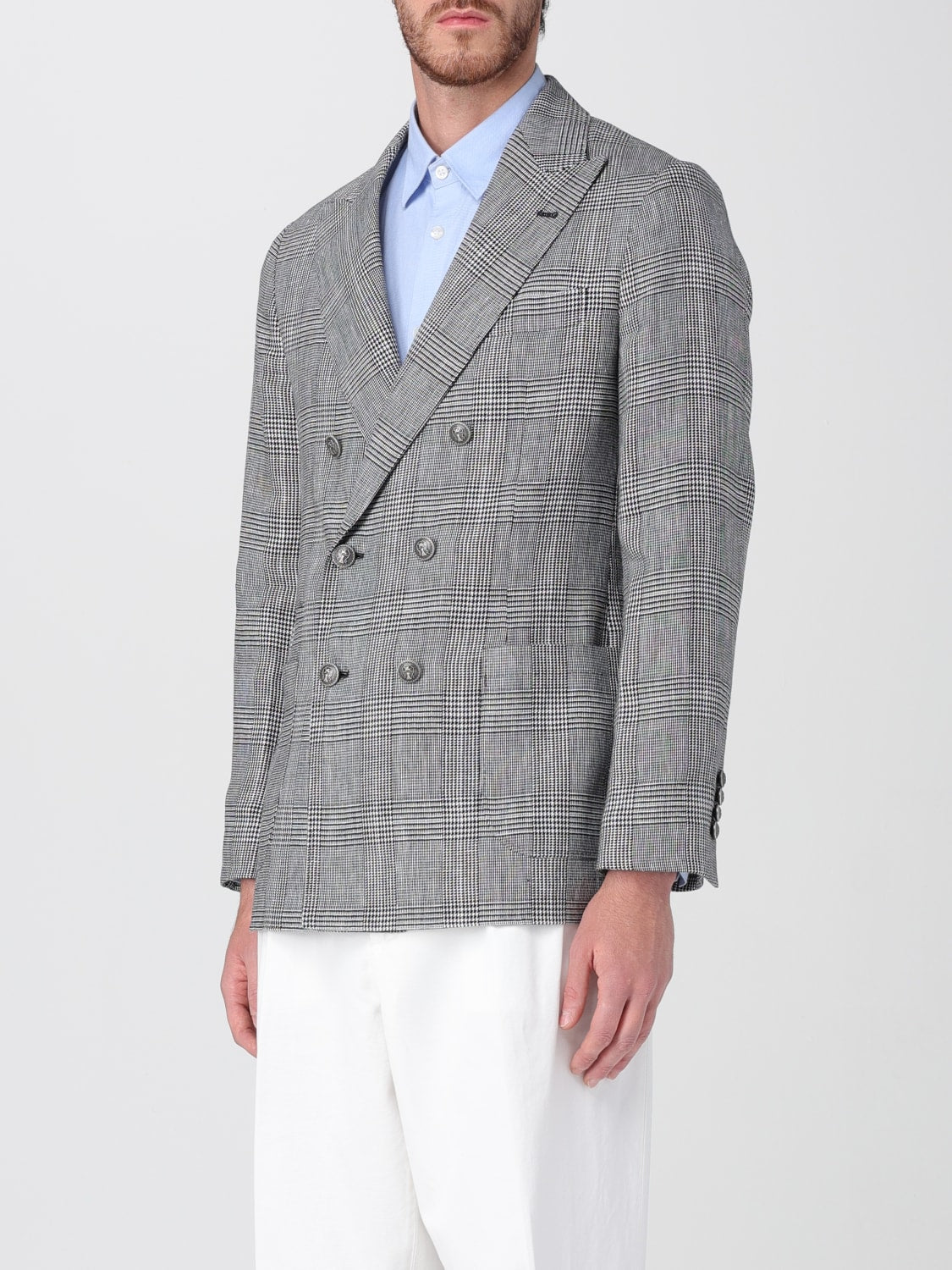 BRUNELLO CUCINELLI MEN'S GRAY PLAID DOUBLE BREASTED BLAZER