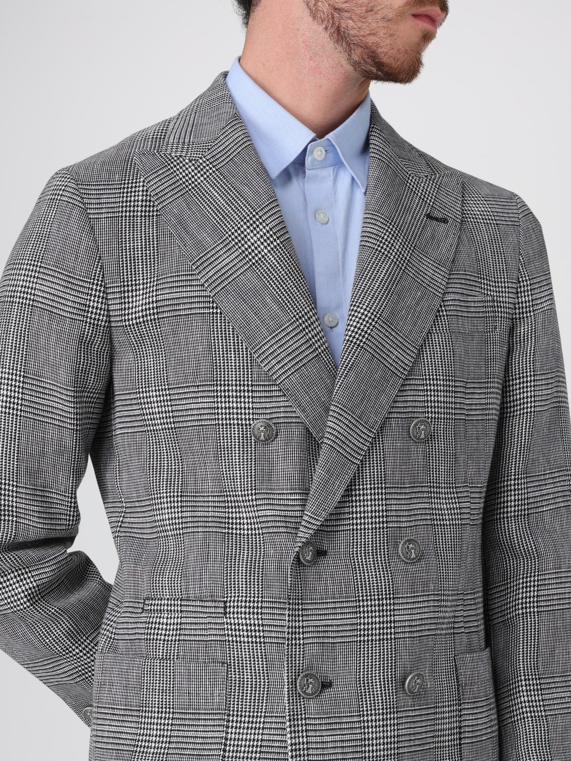 BRUNELLO CUCINELLI MEN'S GRAY PLAID DOUBLE BREASTED BLAZER