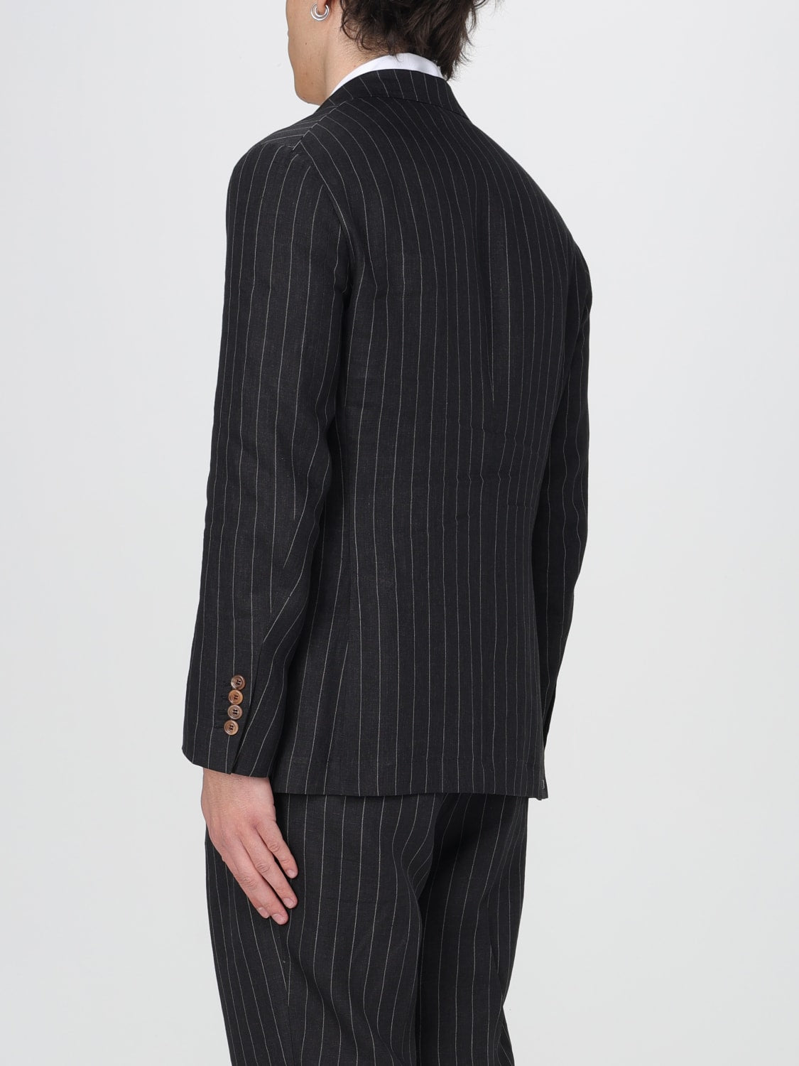 BRUNELLO CUCINELLI MEN'S BLACK LINEN PINSTRIPE BLAZER