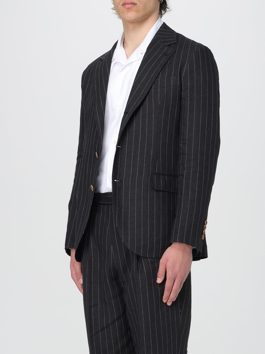 BRUNELLO CUCINELLI MEN'S BLACK LINEN PINSTRIPE BLAZER