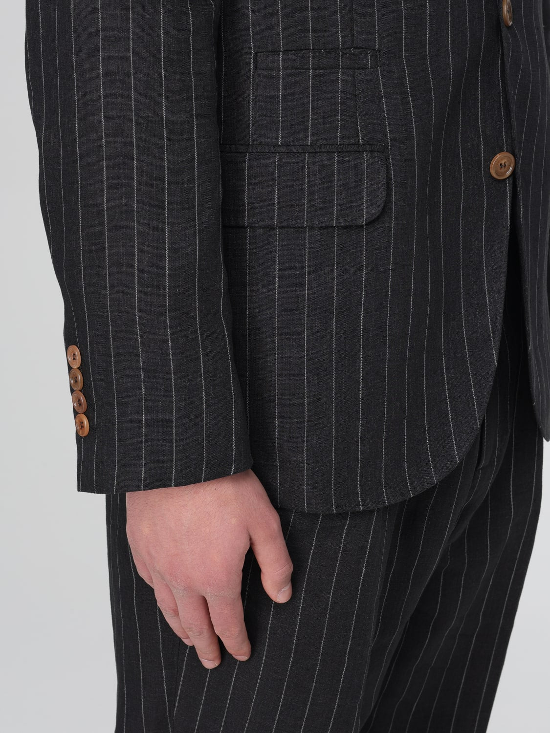 BRUNELLO CUCINELLI MEN'S BLACK LINEN PINSTRIPE BLAZER