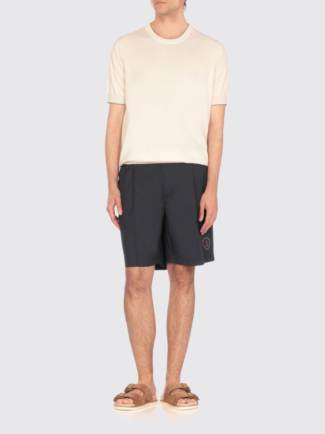 BRUNELLO CUCINELLI MEN'S BLUE TAILORED SHORTS WITH PLEATS