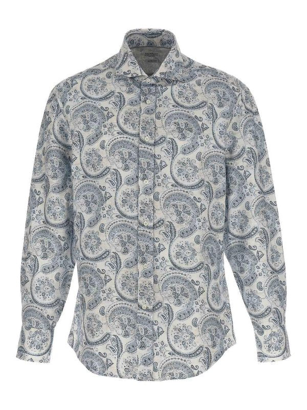 BRUNELLO CUCINELLI MEN'S PEARL NAVY PAISLEY DRESS SHIRT