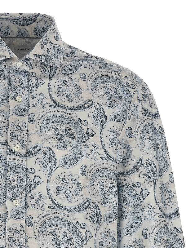 BRUNELLO CUCINELLI MEN'S PEARL NAVY PAISLEY DRESS SHIRT