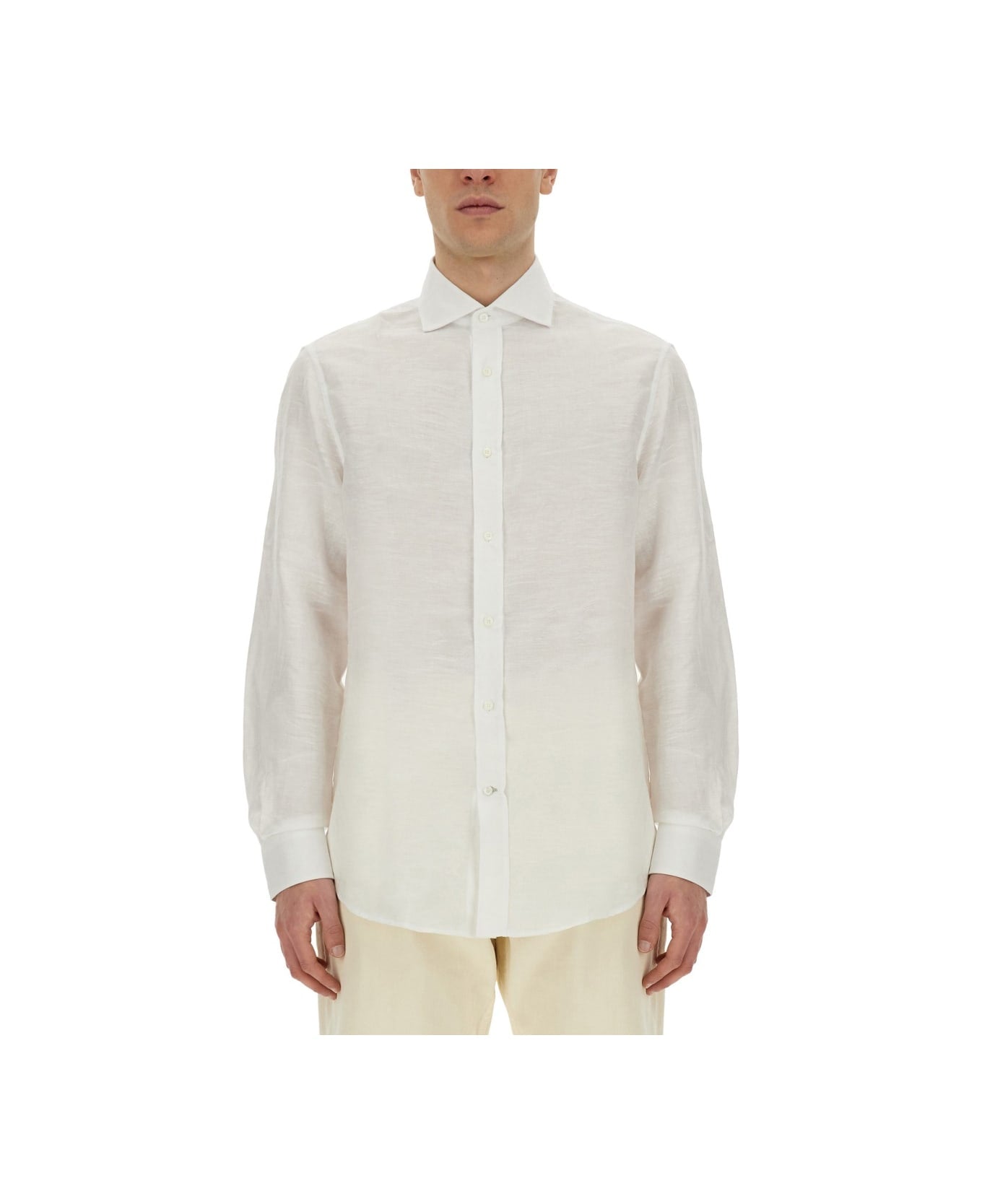 BRUNELLO CUCINELLI MEN'S WHITE LINEN BLEND DRESS SHIRT