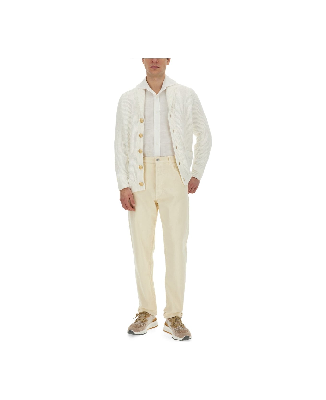 BRUNELLO CUCINELLI MEN'S WHITE LINEN BLEND SHIRT
