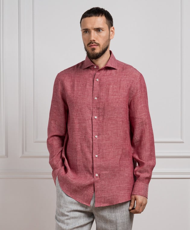 BRUNELLO CUCINELLI MEN'S RED LINEN BUTTON-UP SHIRT