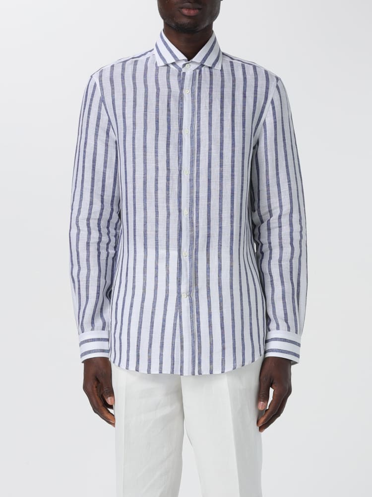 BRUNELLO CUCINELLI MEN'S WHITE AND DENIM LINEN STRIPED SHIRT