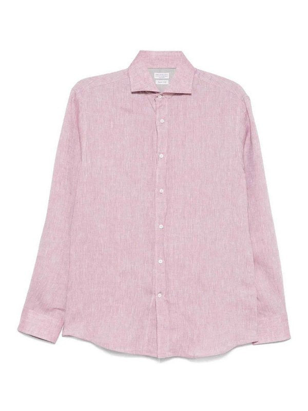 BRUNELLO CUCINELLI MEN'S PINK LINEN BUTTON-UP SHIRT