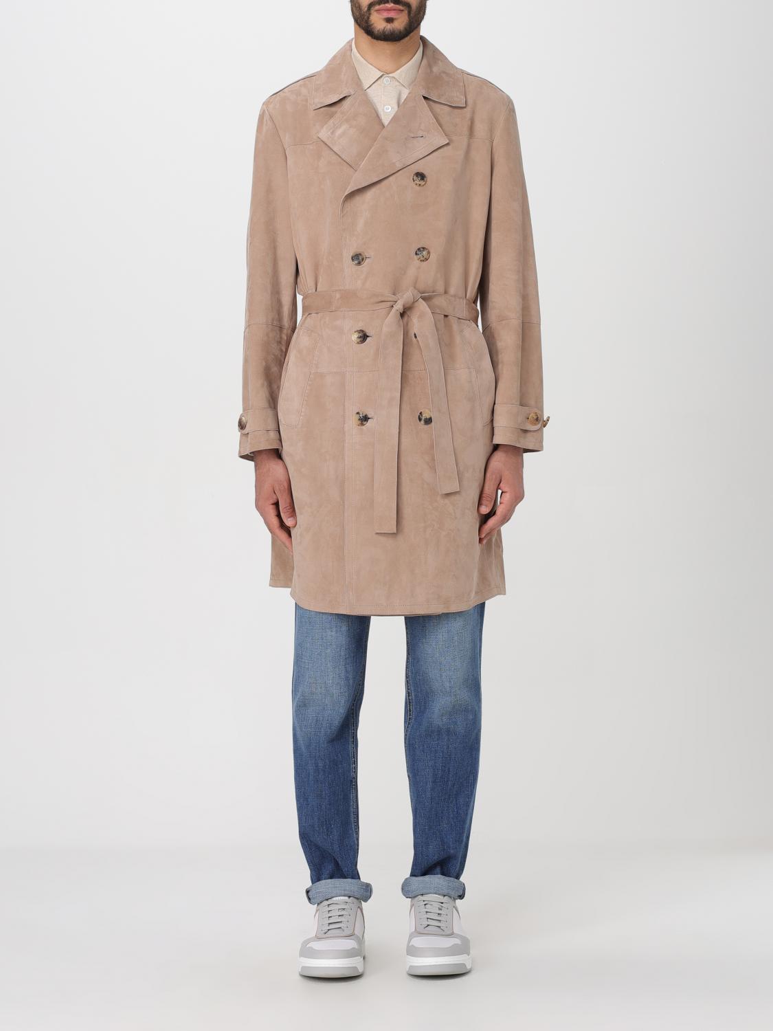 BRUNELLO CUCINELLI MEN'S TOBACCO SUEDE DOUBLE-BREASTED TRENCH COAT