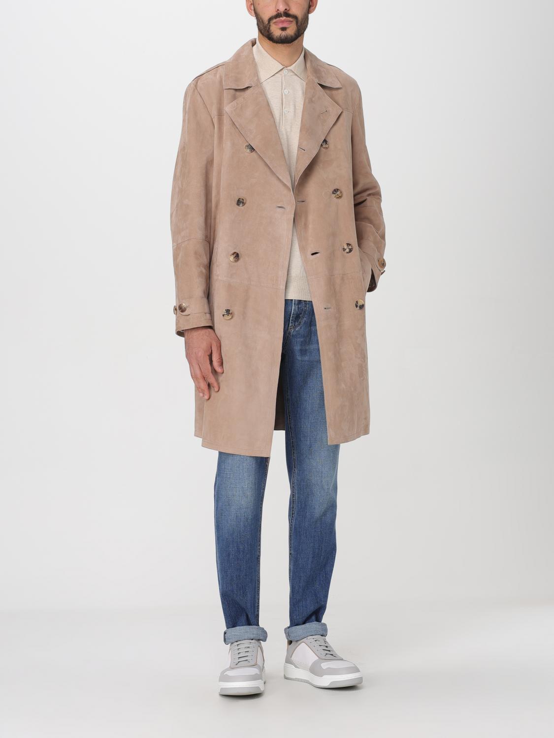 BRUNELLO CUCINELLI MEN'S TOBACCO SUEDE DOUBLE-BREASTED TRENCH COAT