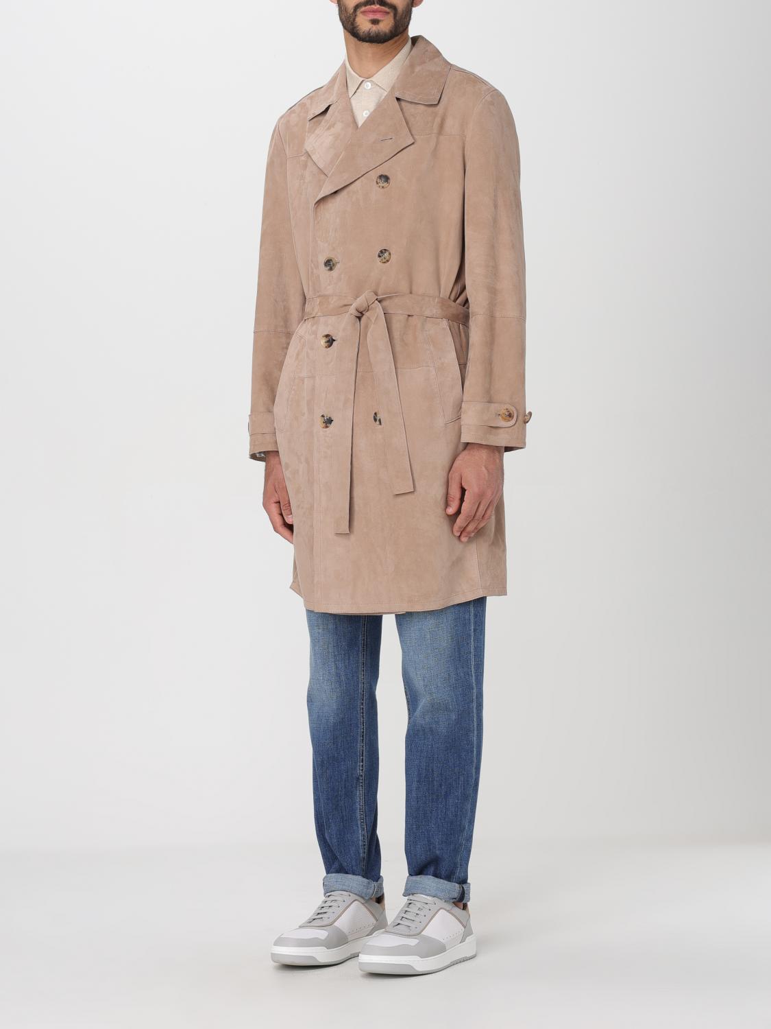 BRUNELLO CUCINELLI MEN'S TOBACCO SUEDE DOUBLE-BREASTED TRENCH COAT