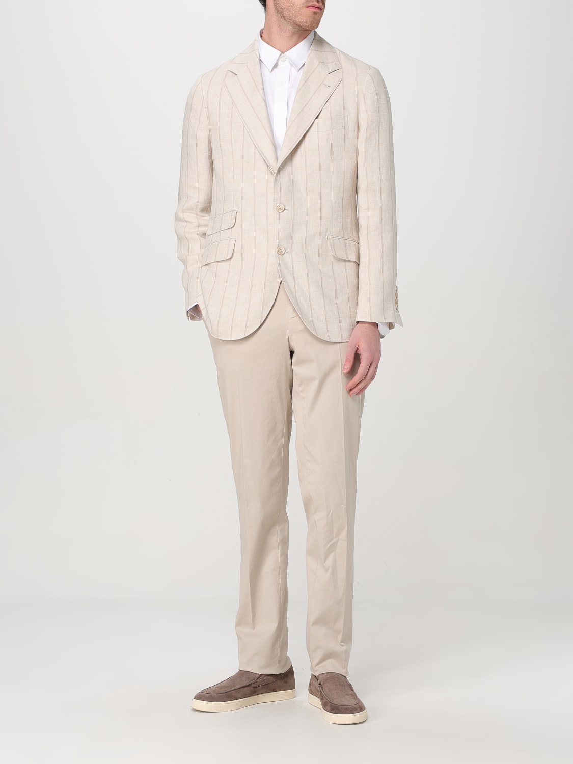 BRUNELLO CUCINELLI MEN'S LIGHT BEIGE LINEN STRIPED BLAZER