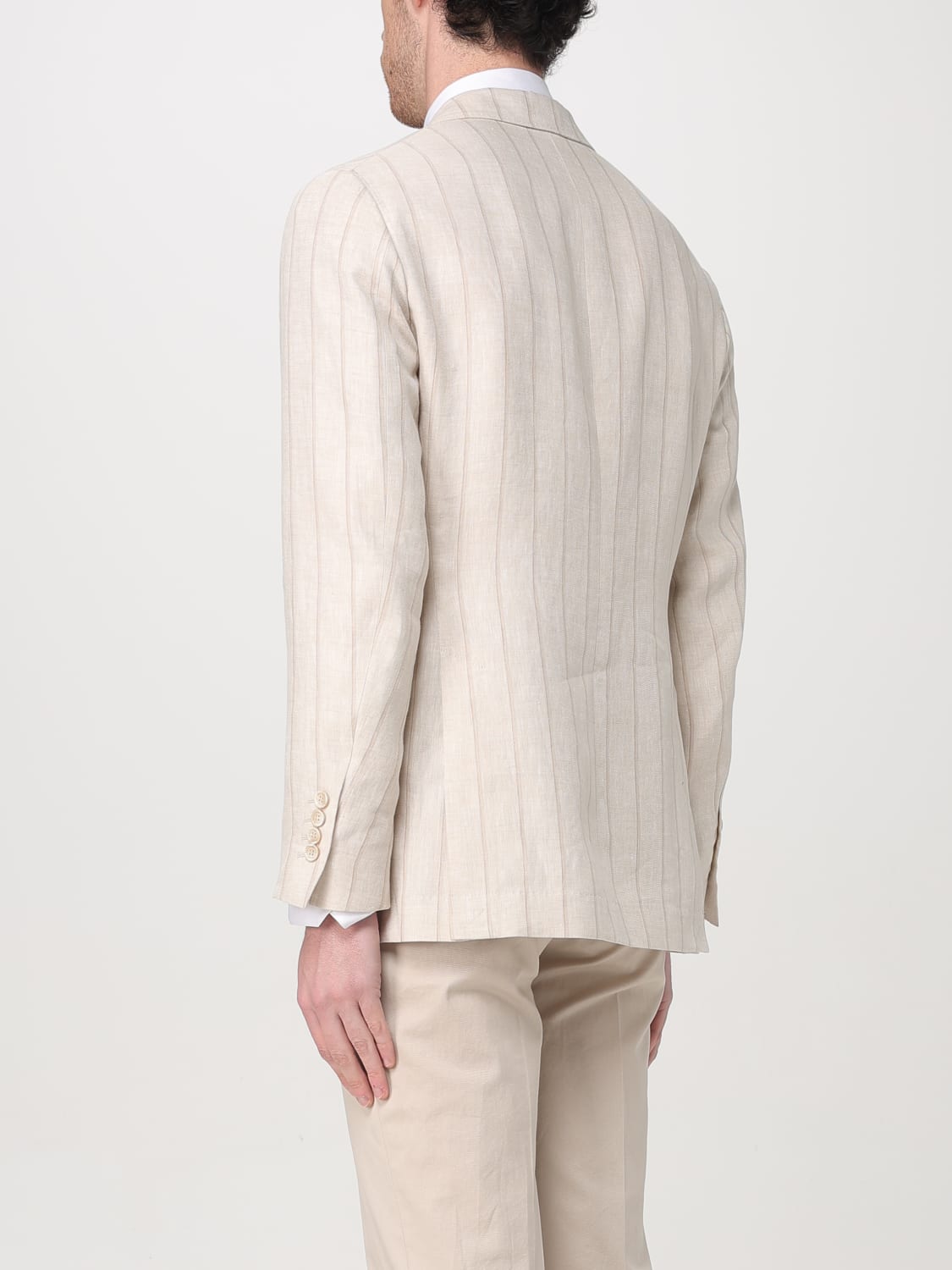 BRUNELLO CUCINELLI MEN'S LIGHT BEIGE LINEN STRIPED BLAZER
