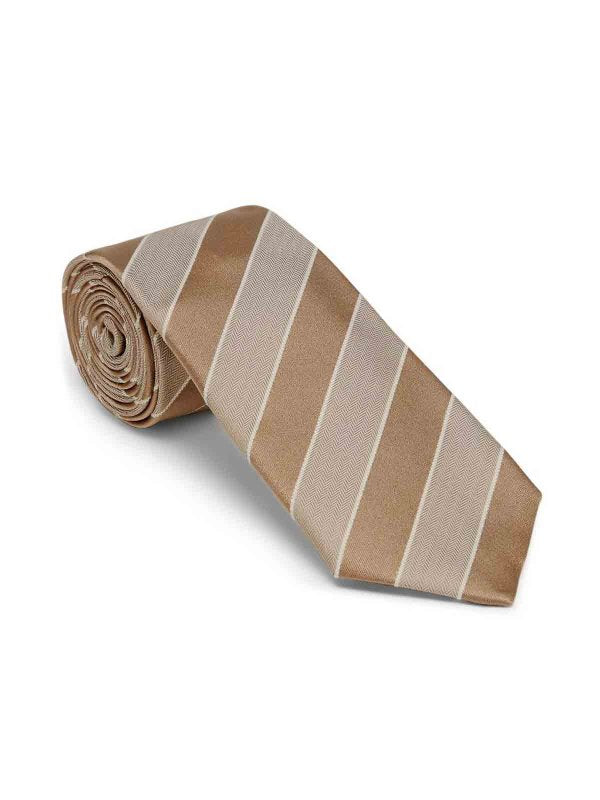 BRUNELLO CUCINELLI MEN'S BEIGE SILK STRIPED TIE
