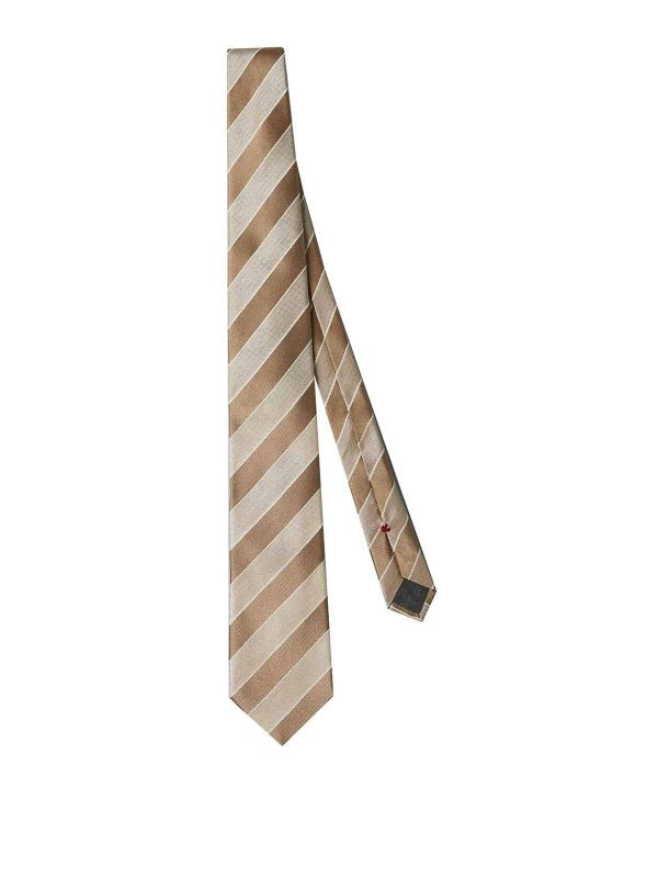 BRUNELLO CUCINELLI MEN'S BEIGE SILK STRIPED TIE