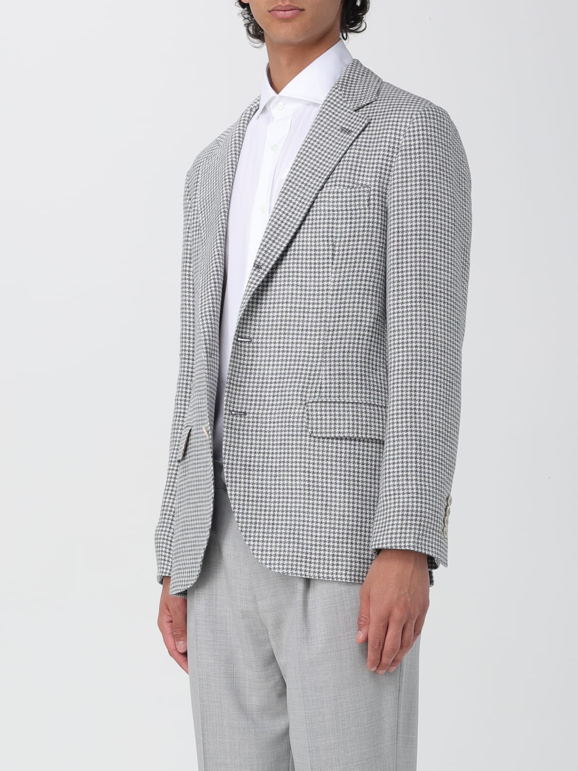 BRUNELLO CUCINELLI MEN'S GREY WOOL BLEND HOUNDSTOOTH BLAZER