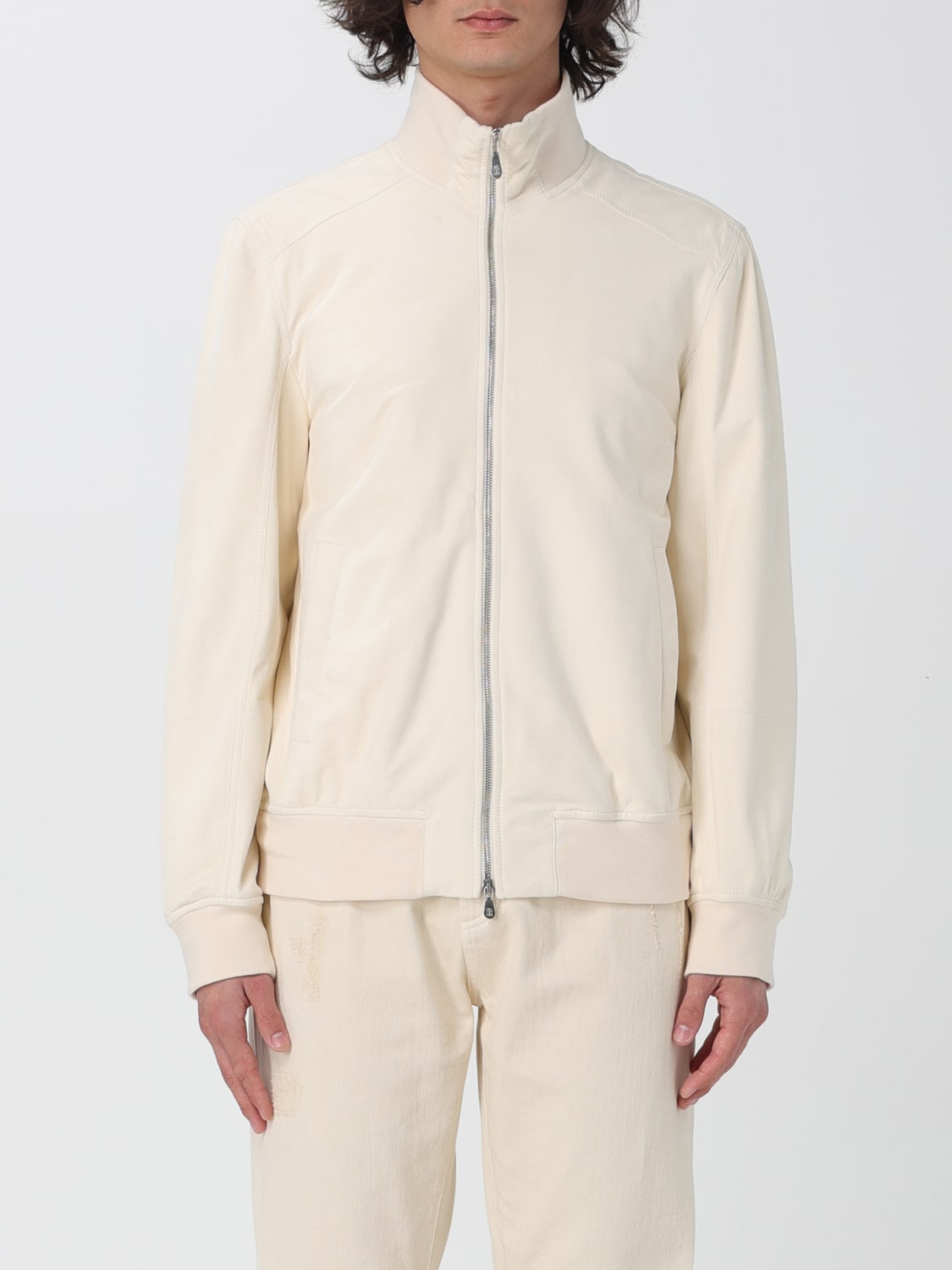 BRUNELLO CUCINELLI MEN'S WHITE LEATHER ZIP JACKET