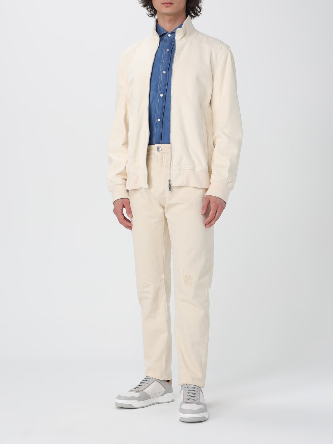 BRUNELLO CUCINELLI MEN'S WHITE LEATHER ZIP JACKET