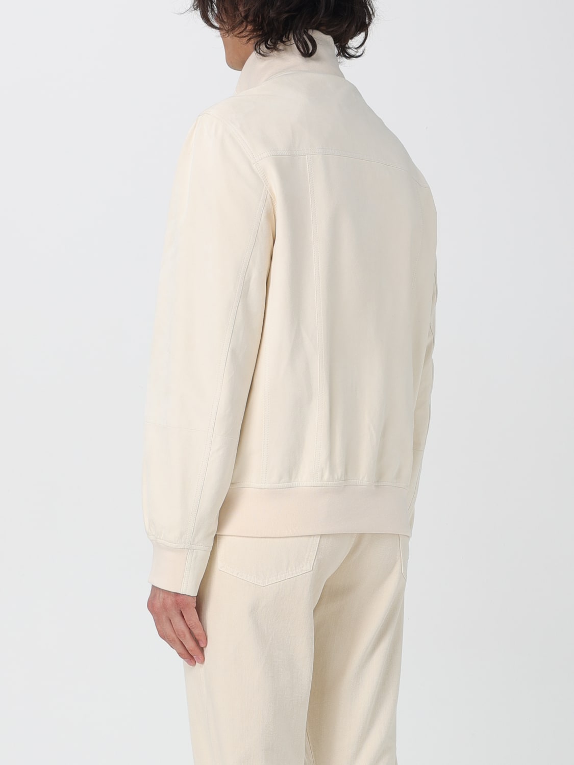 BRUNELLO CUCINELLI MEN'S OFF WHITE LEATHER ZIP JACKET