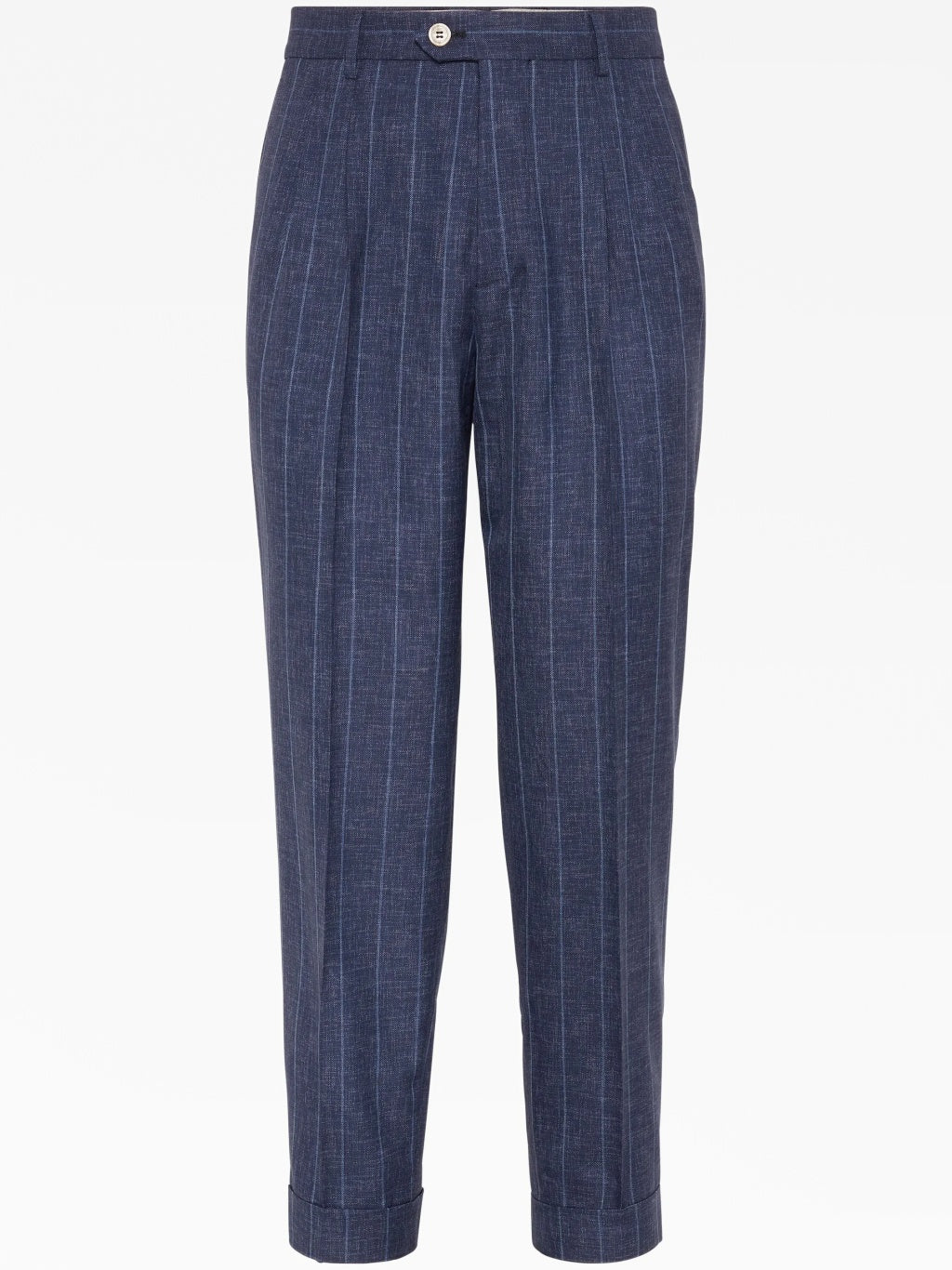BRUNELLO CUCINELLI MEN'S NAVY WOOL PINSTRIPE TROUSERS